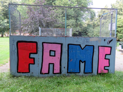 844175 Afbeelding van de graffiti 'FAME', op de skate-halfpipe in het Majoor Bosshardtplantsoen te Utrecht.